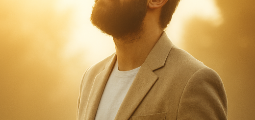 A bearded man stands peacefully in warm morning light, arms open and eyes closed, surrounded by a soft golden glow. His posture reflects surrender and serenity, symbolizing God’s grace. The background features blurred trees and sunlight filtering through, evoking a sense of quiet reflection and spiritual connection.
