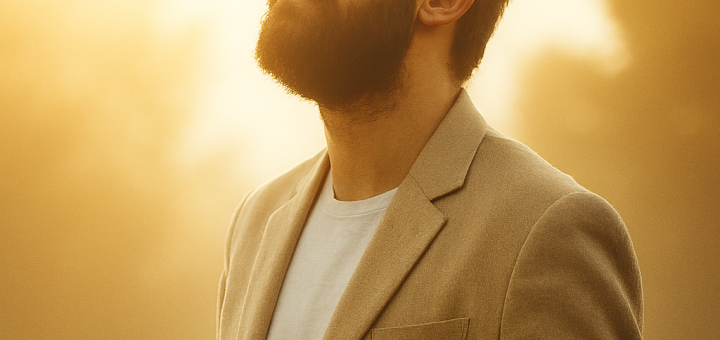 A bearded man stands peacefully in warm morning light, arms open and eyes closed, surrounded by a soft golden glow. His posture reflects surrender and serenity, symbolizing God’s grace. The background features blurred trees and sunlight filtering through, evoking a sense of quiet reflection and spiritual connection.